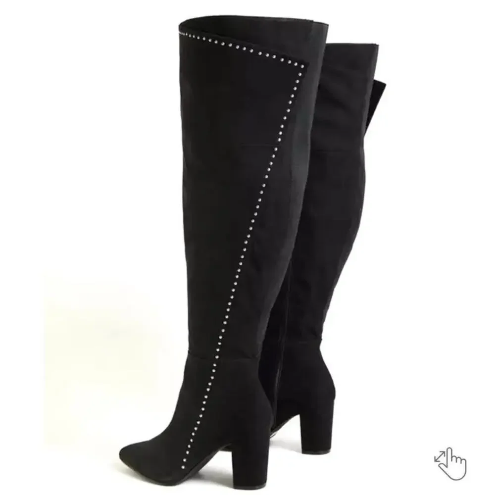 Torrid 8.5WW Black Faux Suede Studded Over The Knee Boots Wide Calf‎ Block Heel
